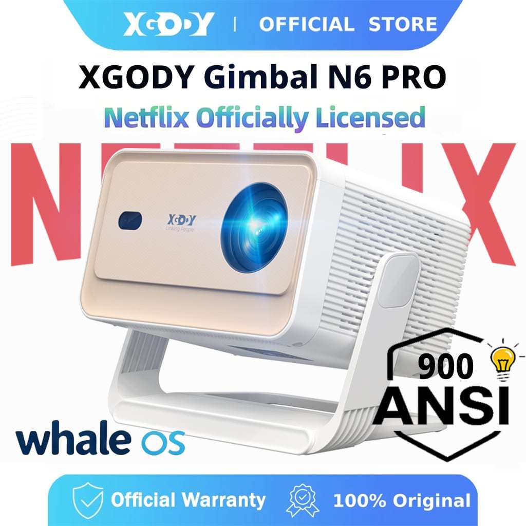 XGODY Gimbal N6PRO Projetor Ultra HD 1GB + 32GB 900ANSI 4K Foco Automático 5W Alto-Falante Wifi 6 Netflix Original
