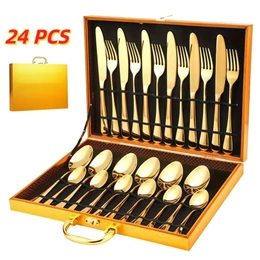 Jogo Talheres 24 Peças Faqueiro Dourado Aço Inox Premium Luxo cozinha Com Maleta