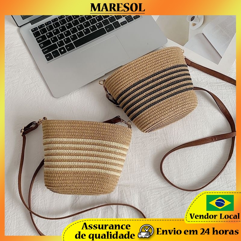 MARESOL Bolsa pequena de palha feminina à beira-mar férias bolsa de tecido Casual All-Match bolsa balde transversal