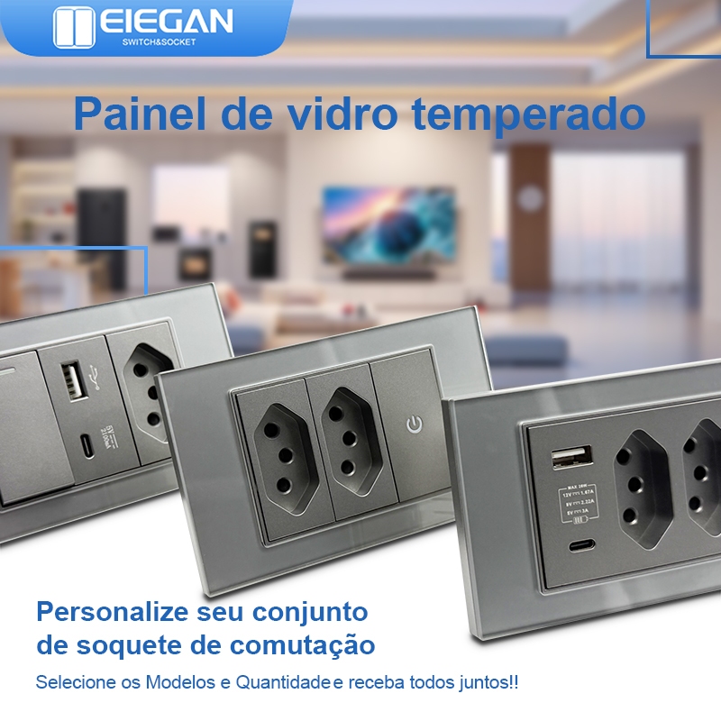 ELEGAN Vidro Temperado cinza Tomada Padrão Brasileiro USB Type C Interruptor Premium De Parede10A 20A-G18
