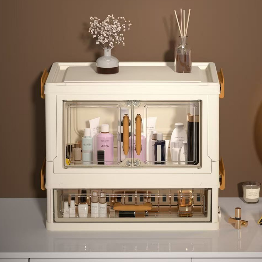 Caixa de armazenamento de cosméticos acrílicos luxuosos com gaveta e porta dupla