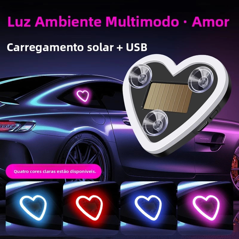 Luz Ambiente De Coração Neon Para Veículo , Movida A Energia Solar , Recarregável Por USB , Decoração De Interiores