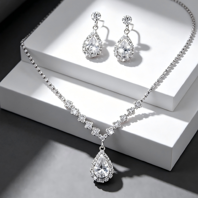 S925 prata gota de água zircão conjunto de três peças (colar + brincos + pulseira) jantar de casamento luz conjunto de j