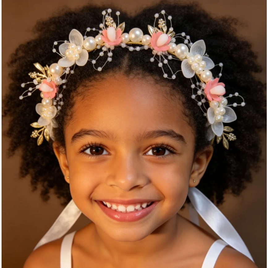 Tiara Daminha de Honra infantil Coroa de Flores Enfeite Arranjo Cabelo Batizado Formatura Rosa