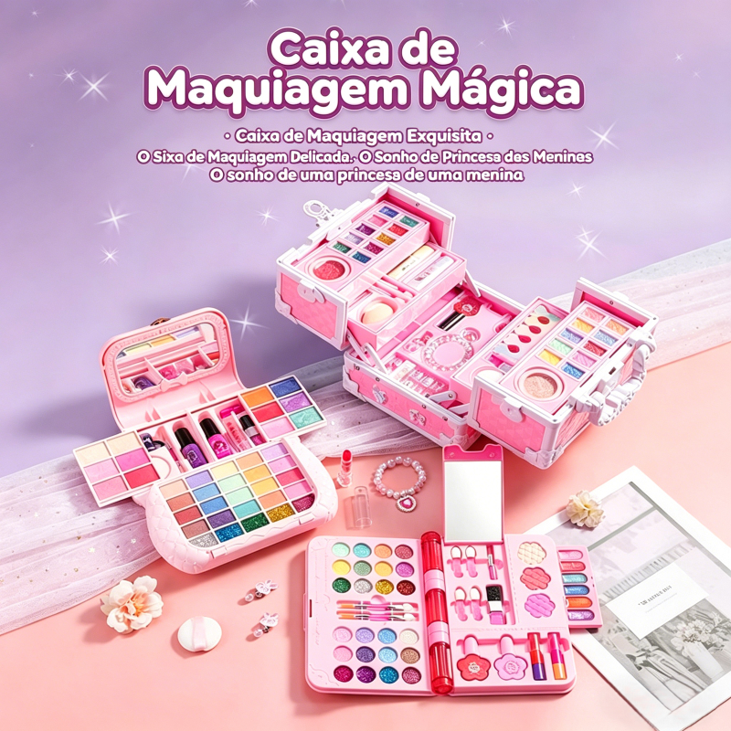 Maquiagem Infantil Não Tóxica e Lavável, Conjunto Completo em Maleta Brinquedo Seguro para Meninas