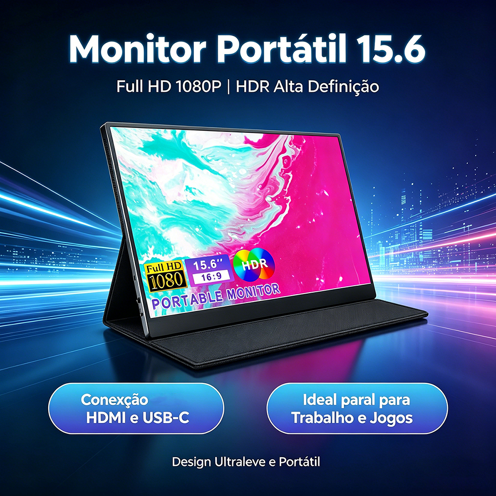 Monitor Portátil 15.6 Polegadas Com USB-C/HDMI Tela 1080P FHD HDR Para Nintendo Switch, PS5, PC, Mac e Celulares