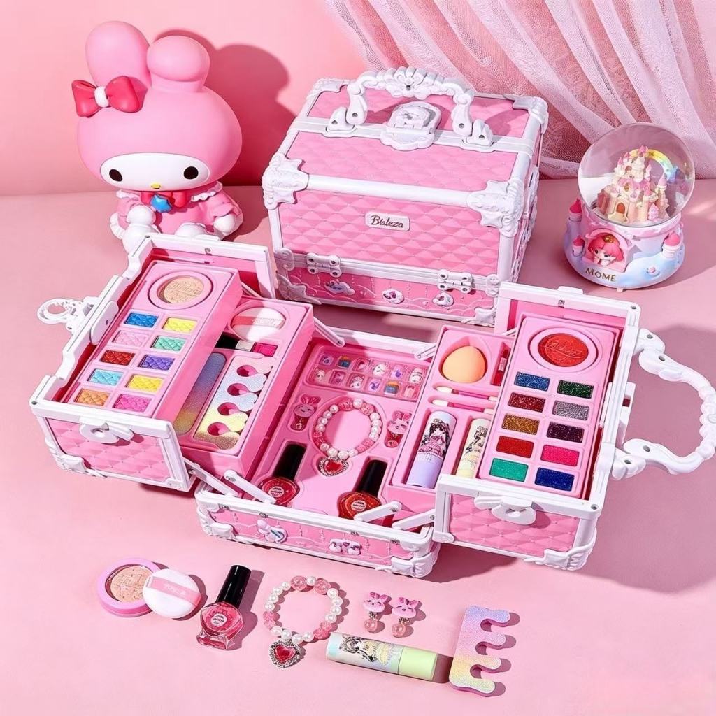 Kit de Maquiagem Infantil Completo na Maleta, Brinquedo de Beleza com Paletas, Acessórios e Joias para Meninas