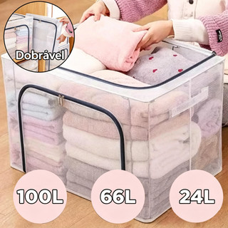 24L/66L/100L Caixa Organizadora Roupas Brinquedos Lençol Edredom Guarda Roupa Dobrável Visor Transparent