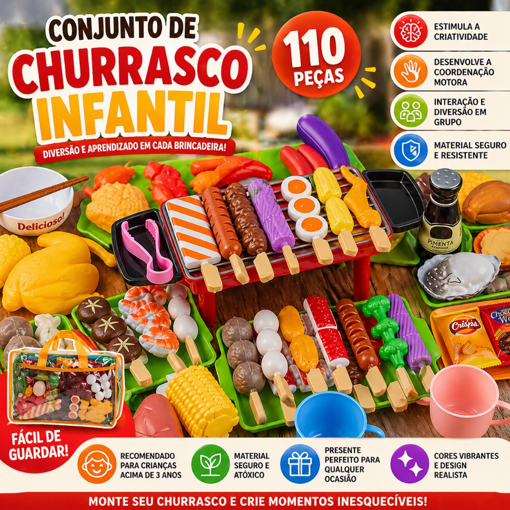 110 Peças Brinquedos Churrasco Infantil Cozinha Educativa Grelha Simulação Crianças Presente Aniversário Meninos Meninas