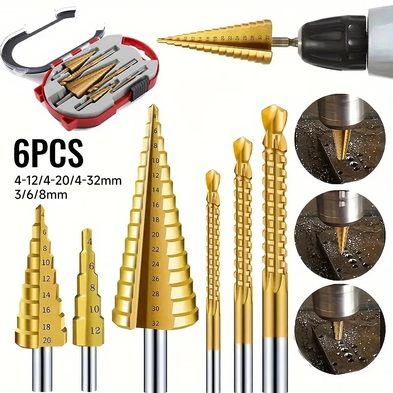 Kit 6 Brocas Titânio Escalonada Amarela Aço e Broca Corte Lateral Marcador Punção Com Caixa