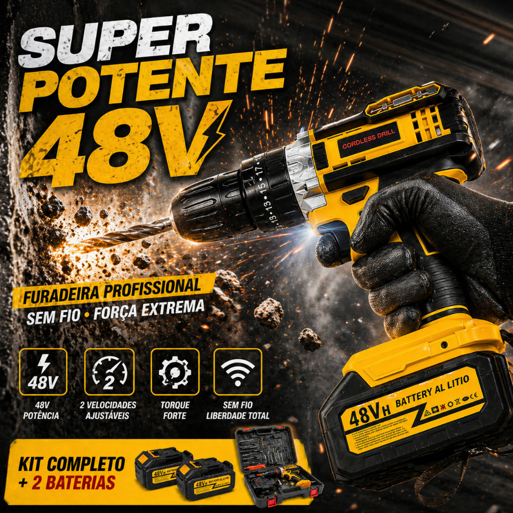 Parafusadeira Furadeira 48V Sem Fio 2 Baterias Bivolt Kit Completo Maleta Brocas Bits para Casa Reparos
