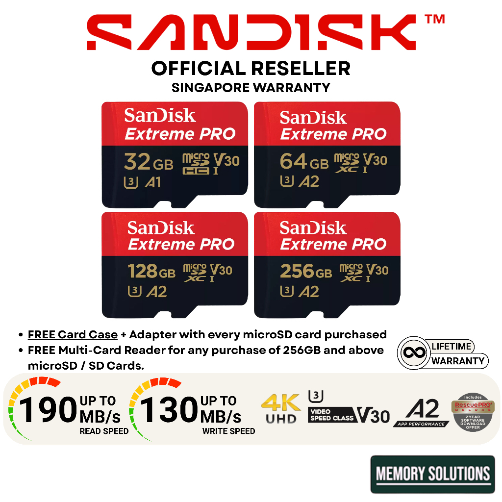 Cartão microSD SanDisk Extreme Pro 4K U3 V30 32GB 64GB 128GB 256GB 512GB Soluções De Memória DRONE