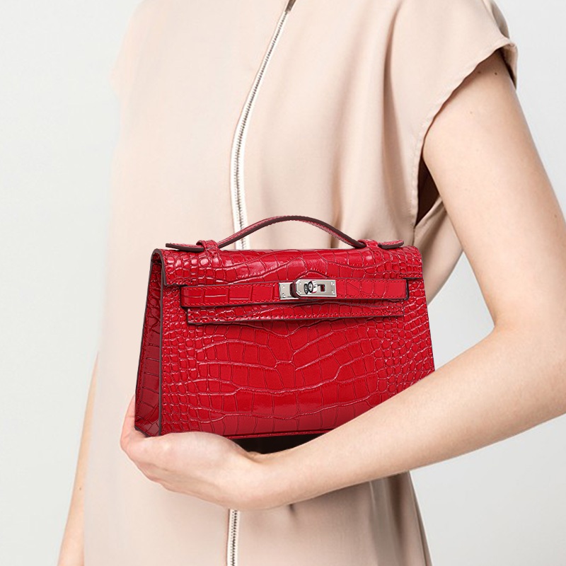 2026 Nova Chegada Brilhante Vermelho Croc Padrão Mini Bolsa De Couro Genuíno
