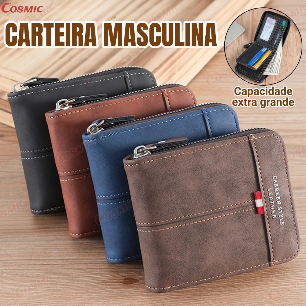 Carteira Masculina Com Zíper Em Bloco Colorido-Porta-Moedas E Cartão Curto Multifuncional Grande capacidade-CO