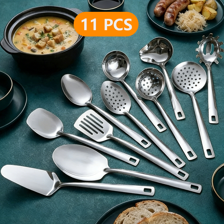 Kit 11 Utensílios de Cozinha em Aço Inox espátula, Colher de Sopa Concha Escumadeira Prata, Preto