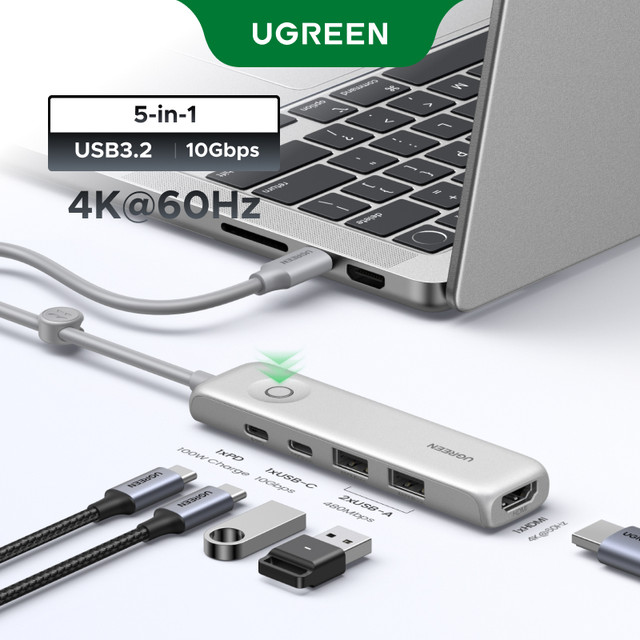 UGREEN 5 Em 1 Hub 100W PD Charge 4K @ 60Hz HDMI 10Gbps Transferência De Dados Com Botão De Bloqueio De Tela Para MacBook