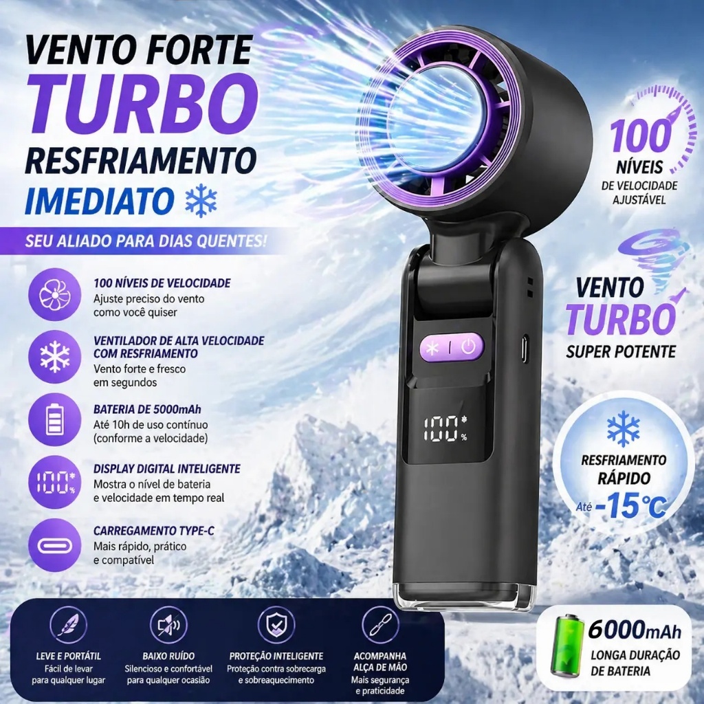 2026 Ventilador portátil mini refrigeração display digital 6000mAh Ventilador USB 18000RPM
