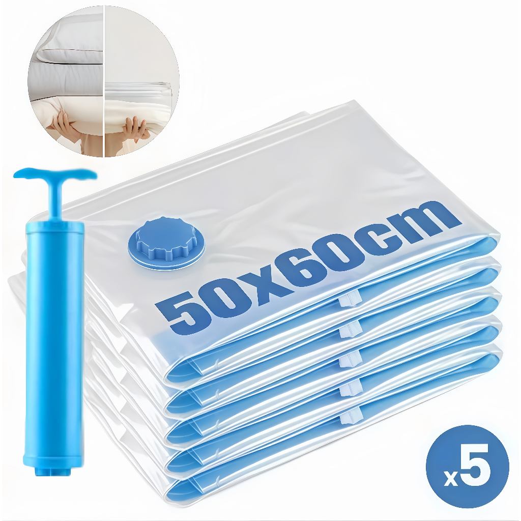 Kit 5 Sacos a Vácuo 50x60 + Bomba Manual | Organiza Roupas, Cobertor, Mala de Viagem