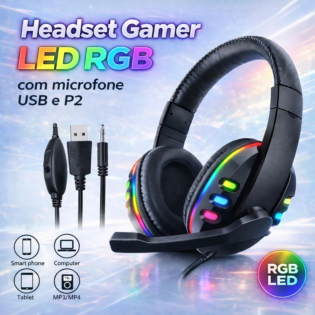 Fone de ouvido para jogos RGB, com microfone USB e plugue P2, adequado para fone de ouvido de videogame de computador PC
