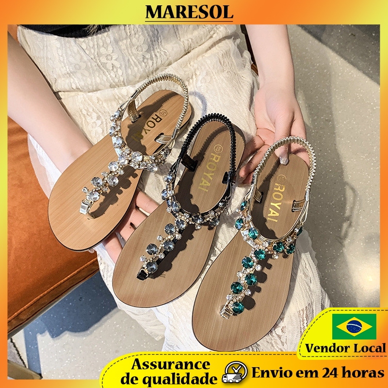 MARESOL Sandálias femininas novo estilo Flip-Toe grande strass costas elásticas estilo romano