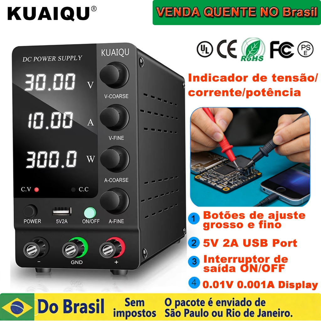 Fonte De Alimentação De Bancada KUAIQU 30V 10A Para Reparo De Telefone , Digital , Comutação De Saída , 5V 2A USB