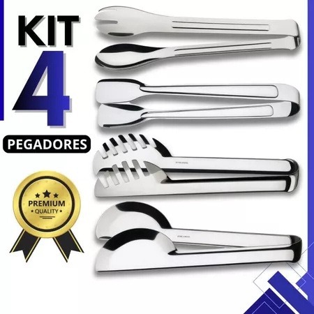 Kit 4 Stainless Steel Kitchen Utensils Pasta Tongs 20cm Universal 20cm Salad 20cm Ice Cold Cuts,DAMAI
