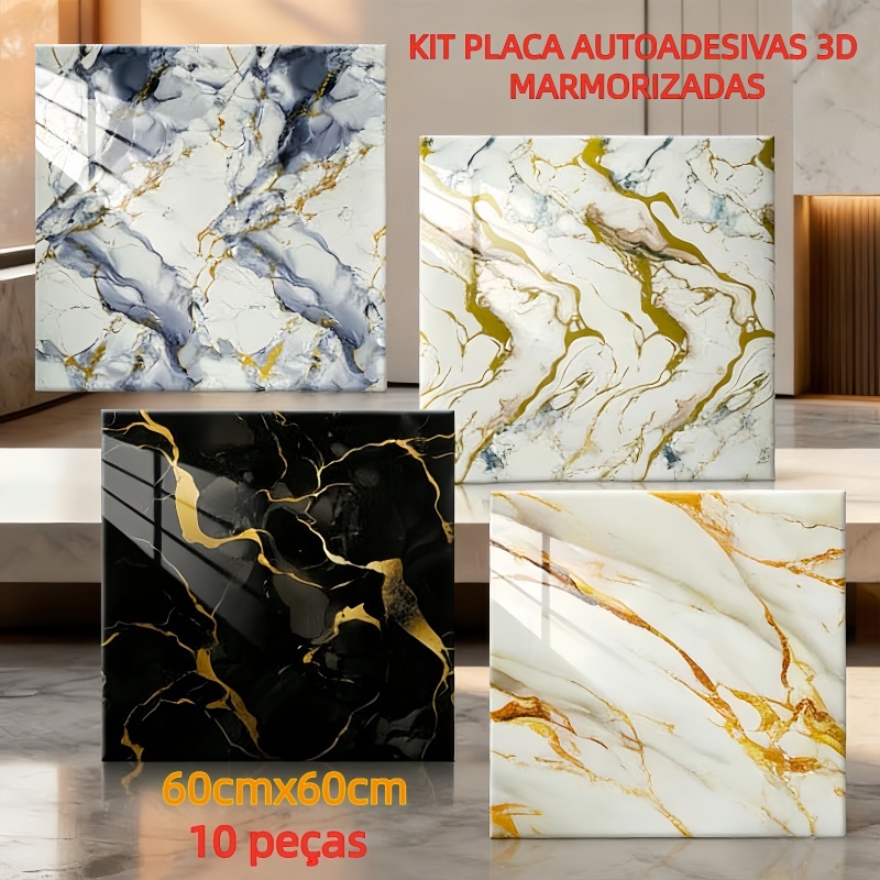 Kit 10 Adesivos de Parede 60x60cm Revestimento Mármore Flexível Placas para Banheiro Cozinha Lavabo