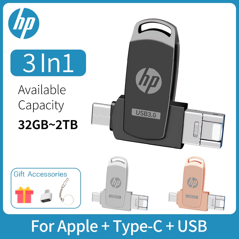Unidade Flash USB de Metal de Alta Velocidade HP 3in1 512 Gb/1 Tb/2-Pen Drive Tipo C e SSD Móvel-Armazenamento Externo P