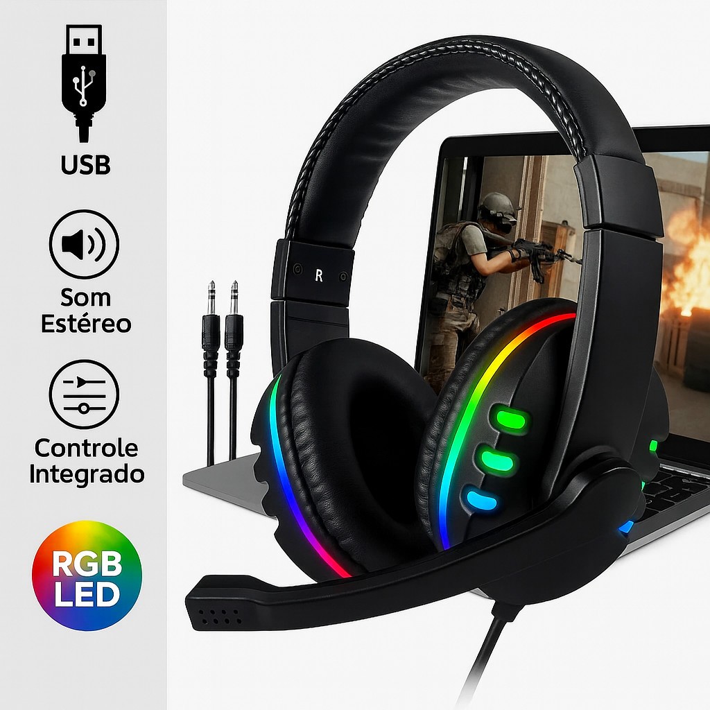 Headset Fone Gamer Led RGB com microfone USB e P2 Para PC Computador Celular Headphone Videogame