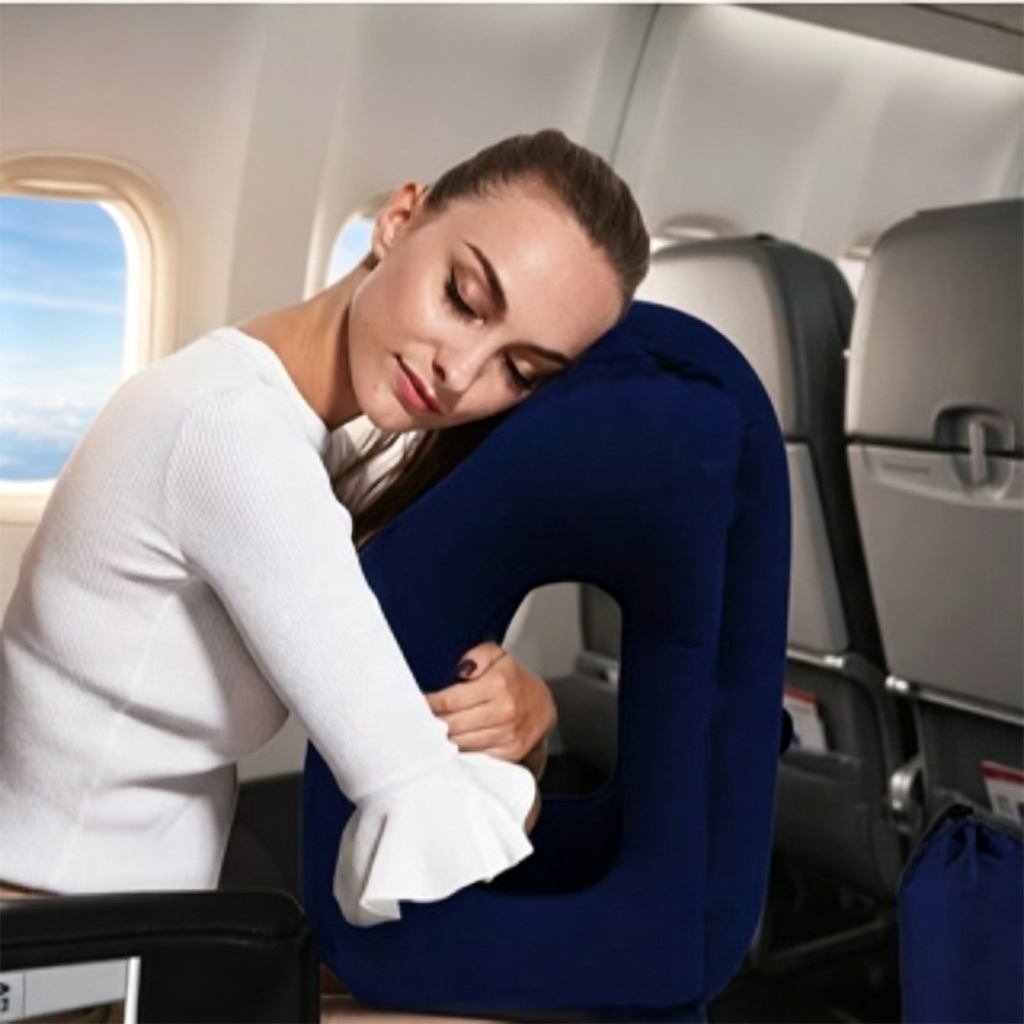 Travesseiro inflável de suporte para viagem de avião, travesseiro multifuncional para dormir com encosto de cabeça