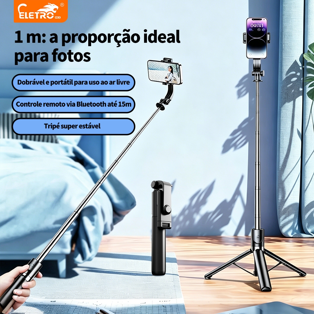 Selfie Stick Tripé 1.7M/1.3M/1M, 4 Eixos 360° Rotação Anti-tremor+ Controle Bluetooth Sem Fio para Vlog