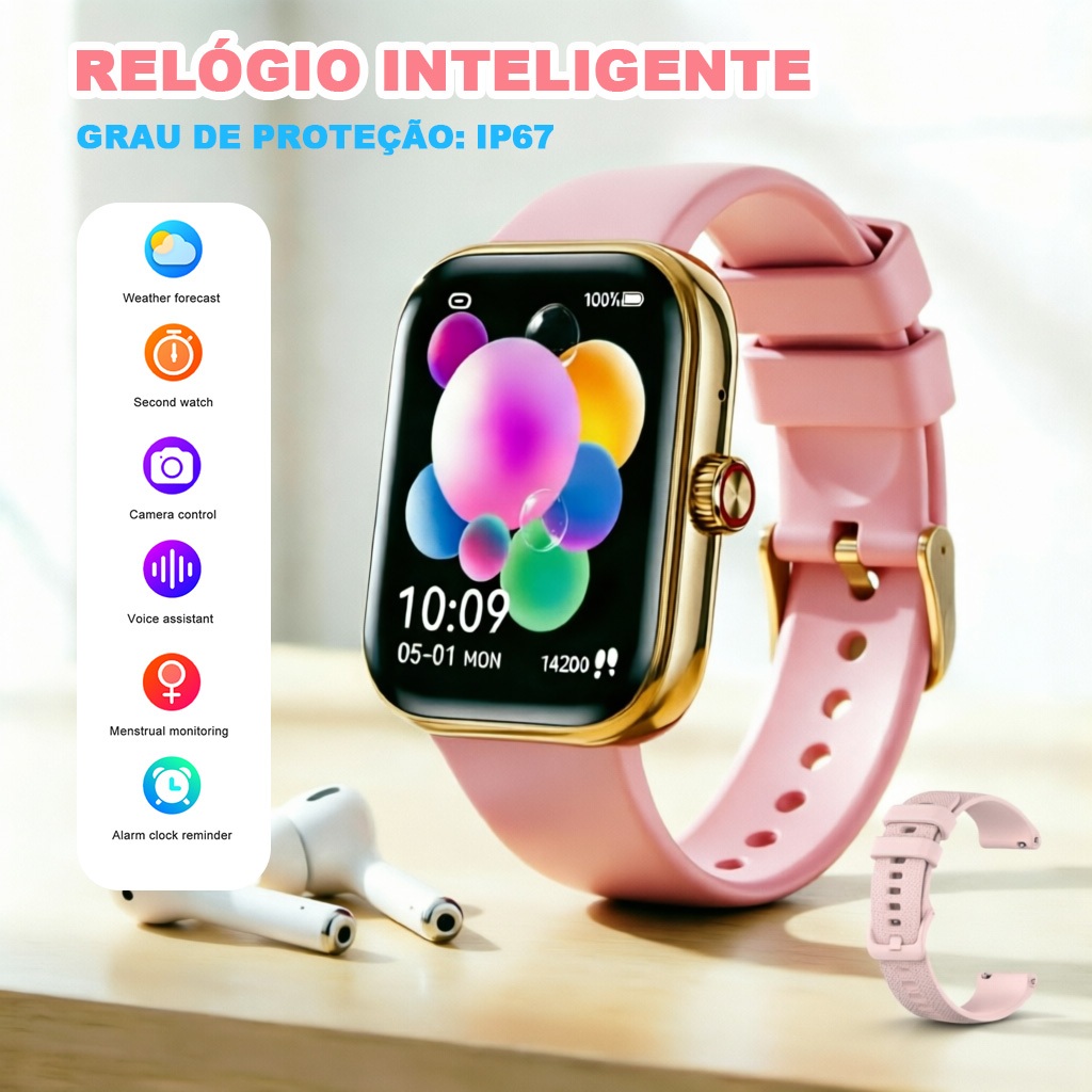 Smartwatch Feminino HW10 com Tela Grande e Design Elegante - SpO2 Chamadas Bluetooth, IP67, Bateria 7 Dias Android/iOS