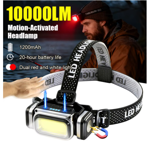 Lanterna de cabeça com sensor de movimento LED potente recarregável ajustável de 60° 4 modes