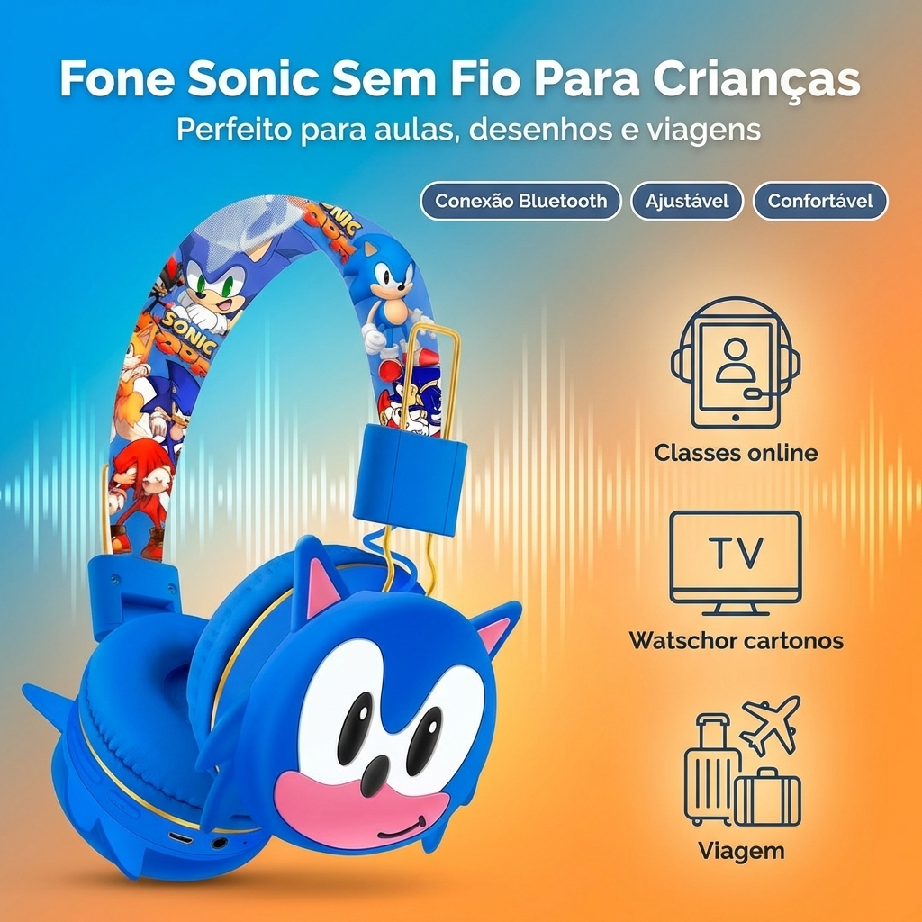 Headphone Fone de Ouvido I Antil Bluetooth Sonic Sem Fio Estampa Ajustáveis Sonic Over-Ear Headphones — R$ 53,90 em Shopee