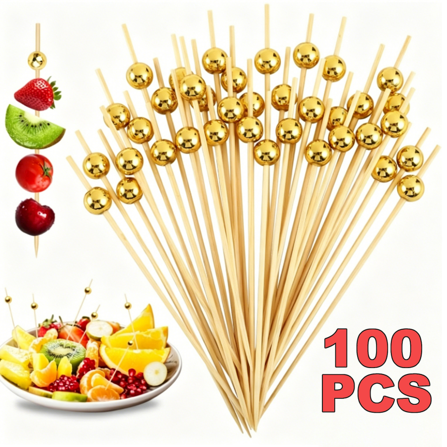 Kit 100 Palitos de Bambu Para Petisco Decorado Bolinha dourada 12cm