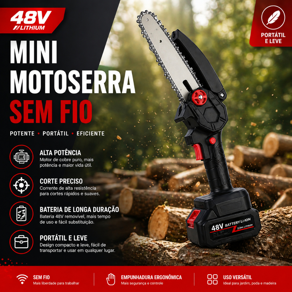Mini Motosserra Elétrica Sem Fio 48V  + Guias 4" e 6" Poda e Corte