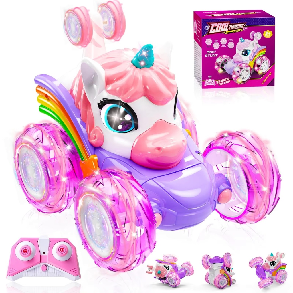 Carro De Controle Remoto Unicórnio Para Meninas , 360 ° Carros Giratórios 4WD Stunt RC Com Luzes Fofas , Brinquedos Reca
