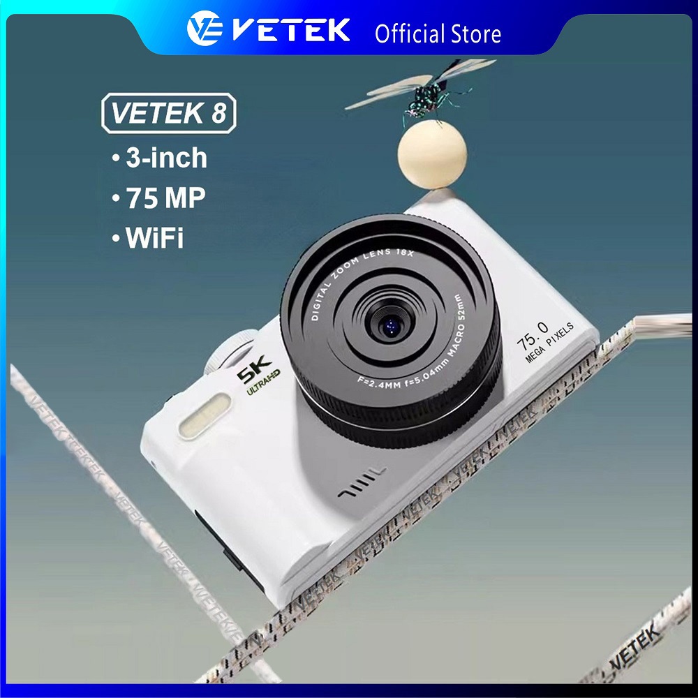 Câmera Digital VETEK8 5K 75MP 180 ° Portátil Da Tela Aleta Pequena De Vídeo 5K HD Exterior