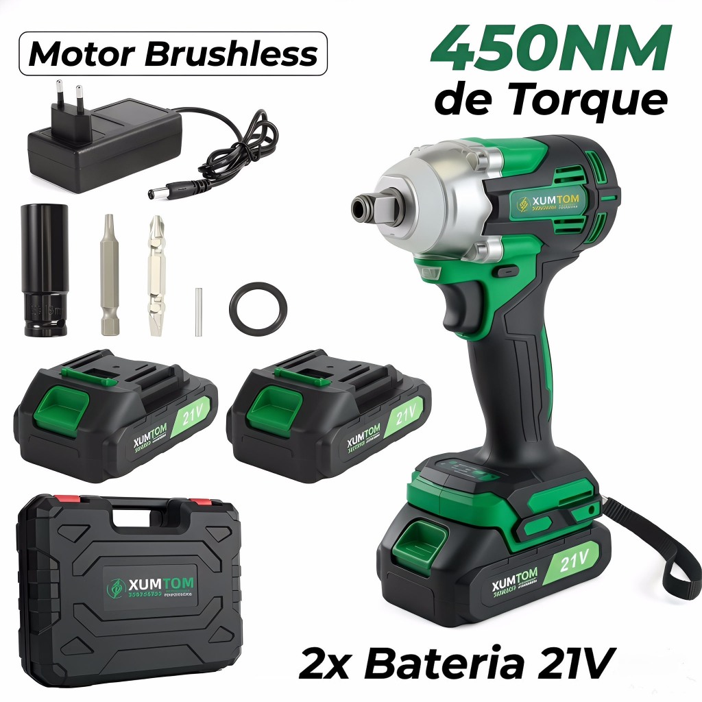Kit Chave Impacto 21V Brushless 450Nm - Parafusadeira/Furadeira 2em1 - 2 Bat, Carreg. Bivolt - Automotiva e Obras