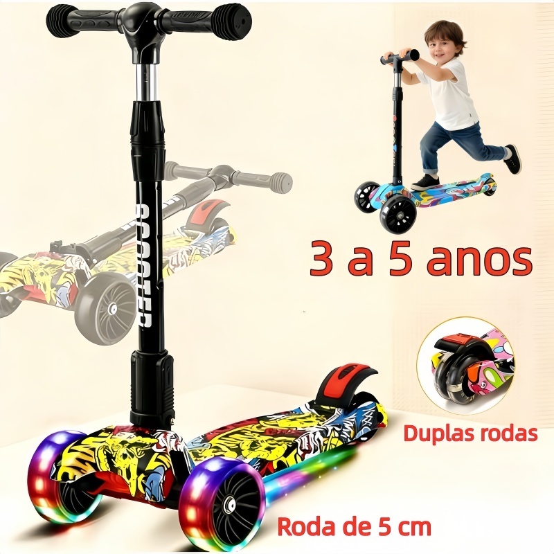 Patinete 4 Rodas com LED para Crianças Dobrável e Guidão Ajustável Estilo Graffiti Menino Menina