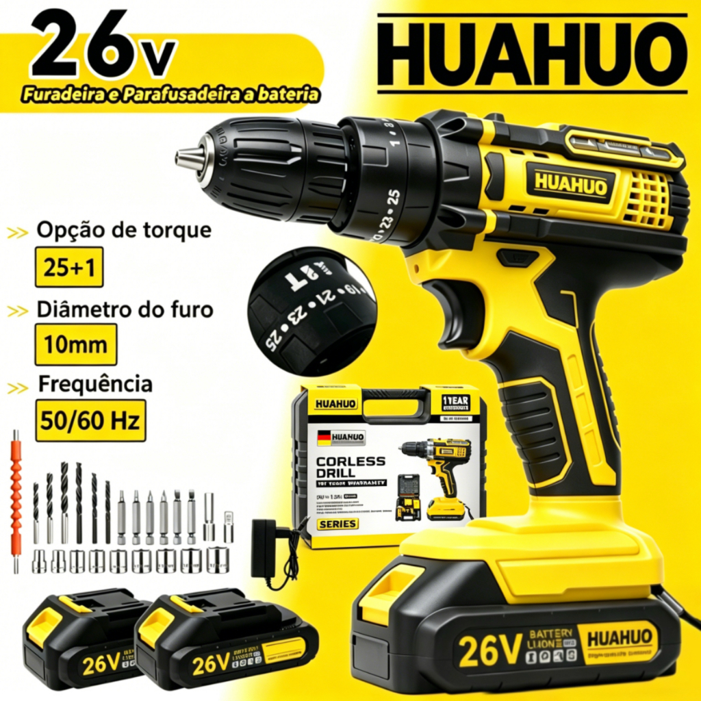 Parafusadeira Furadeira de Elétrica Sem Fio Impacto 2Bateria 3 funções Kit Completo Acessórios 34pcs