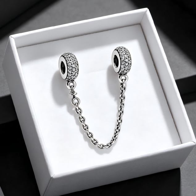 Pulseira de Berloque contas com pingente de corrente de segurança cravejada de diamantes S925, fácil de usar
