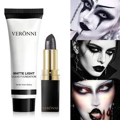 Conjunto De Base Líquida Branca VERONNI + Batom Preto Adequado Para Maquiagem Gótica Extrema , Halloween , Dramatização
