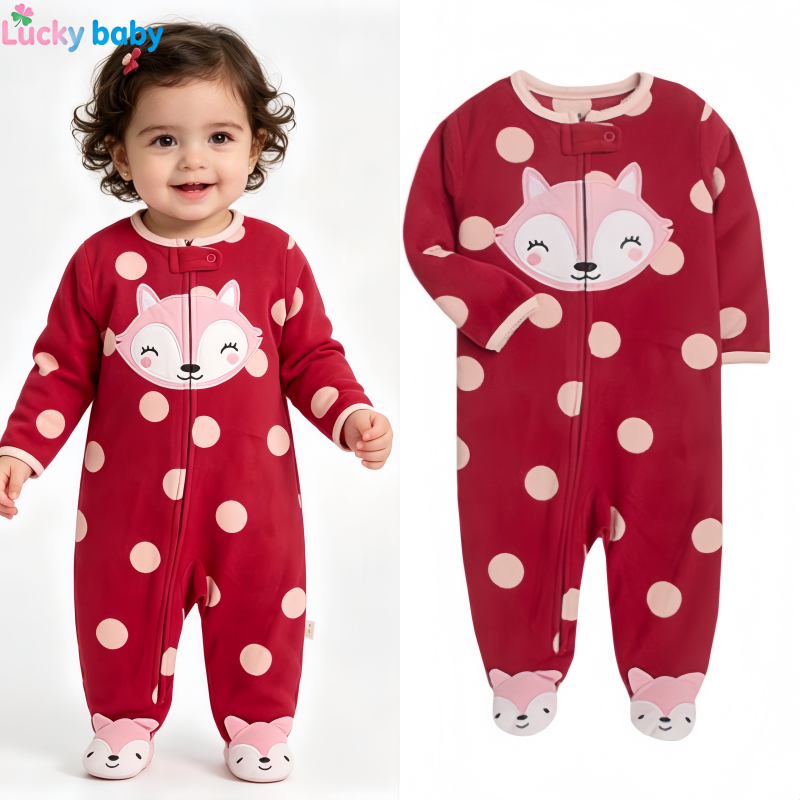 Lucky Baby Macacão Bebê Inverno Menina Manga Longa Fleece 0–12 Meses Bordado Animal Babado Ombro