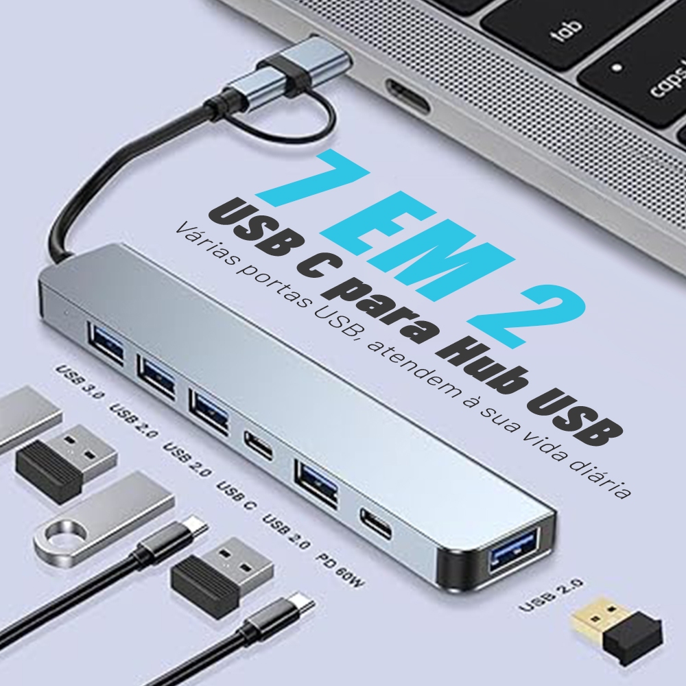 Hub USB-C USB 3.0 Adaptador 7 em 1 Portátil Veloz e Multifuncional Para Computadores Smartphones Tablets