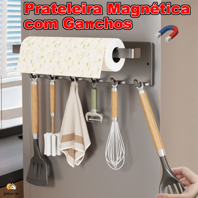 Prateleira Magnética para Cozinha com 6 Ganchos, Sem Furação, Ideal para Geladeira e Organização de Cozinha