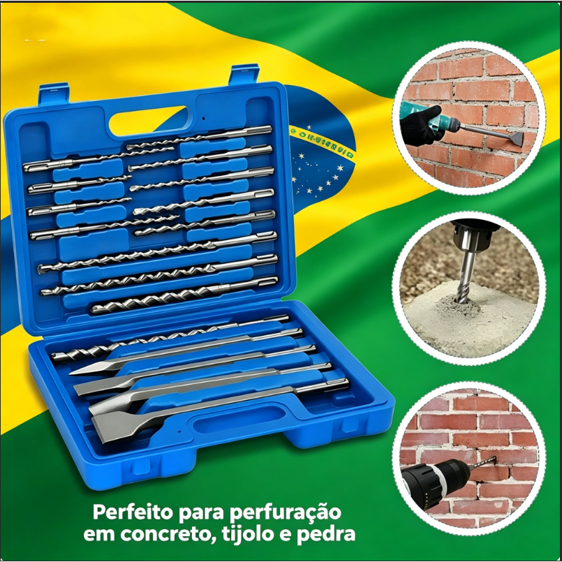 Kit SDS Plus 17 Peças Brocas e Cinzéis Profissionais Para Martelete + Maleta Resistente