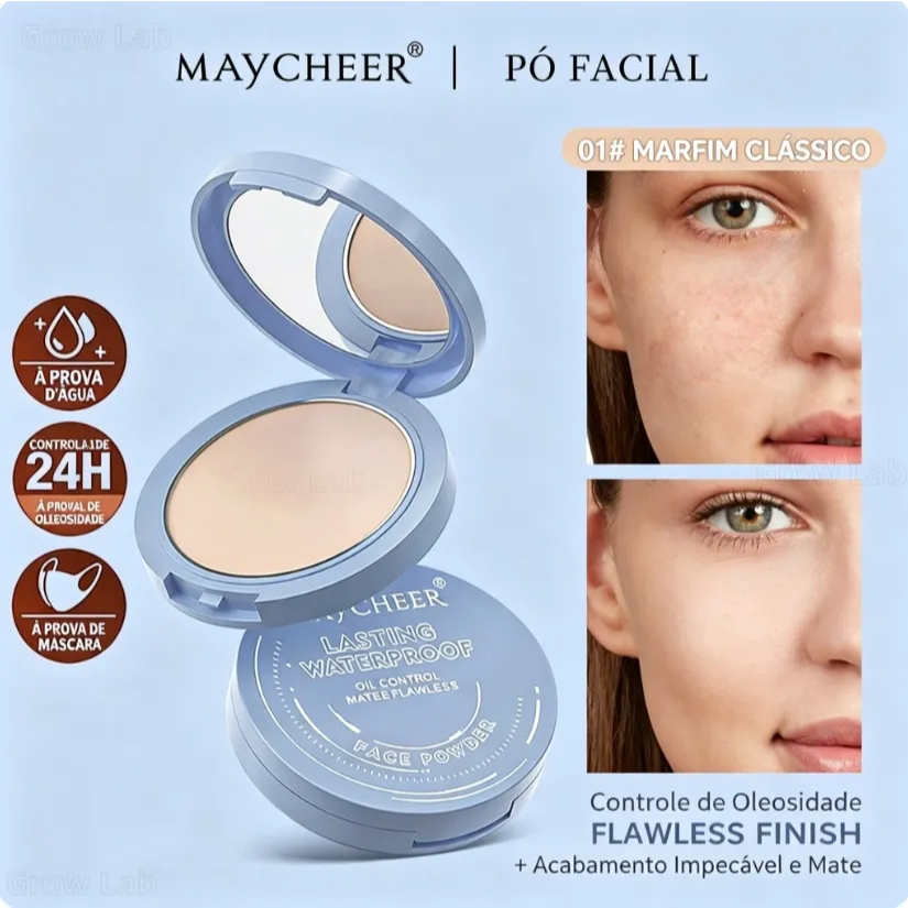 Pó Compacto MAYCHEER Controle de Oleosidade Acabamento Matte 8 Tons Resistente ao Suor