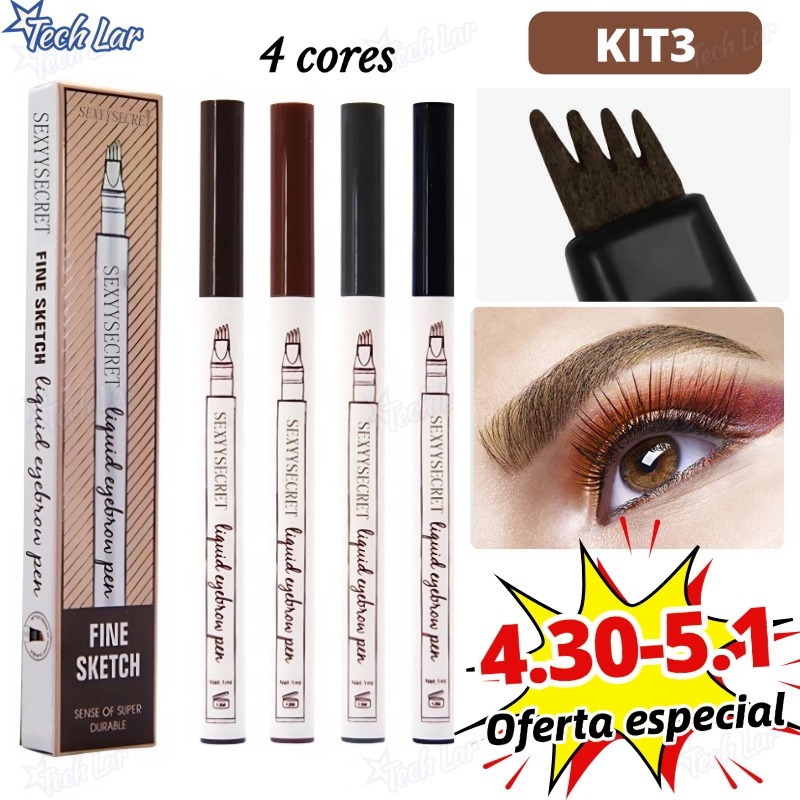 Kit 3 Caneta de sobrancelha Henna Microblading Fio a Fio À Prova D'Água Lápis com 4 Pontas
