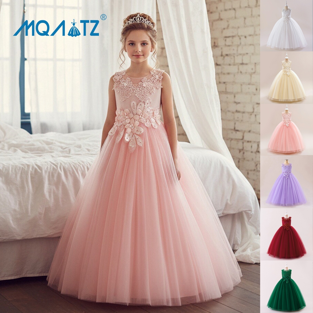 MQATZ Adolescente Longo Vestido De Dama De Honra Para Meninas Crianças Traje Rendas Vestidos De Princesa Flor LP-386